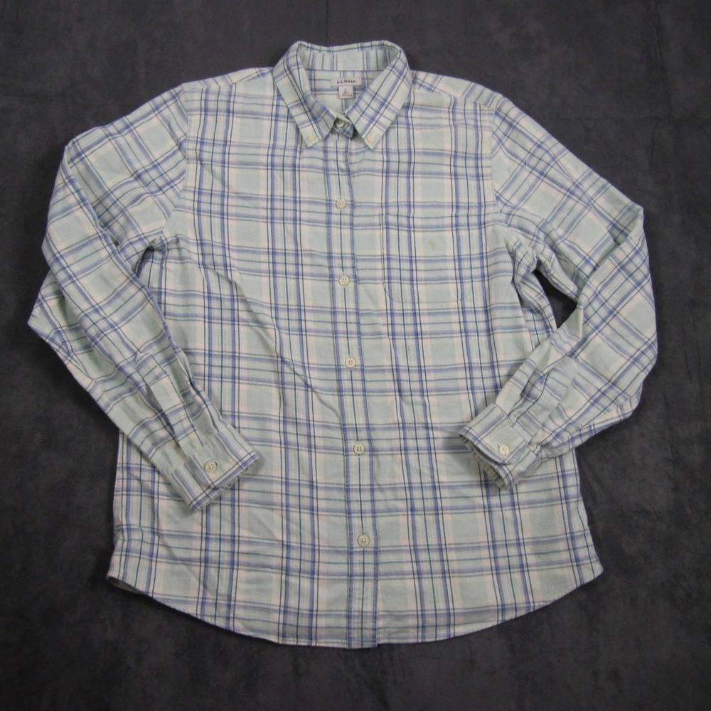 LL Bean Flannel Shirt Mens Small Blue Green Plaid Cotton Button Down